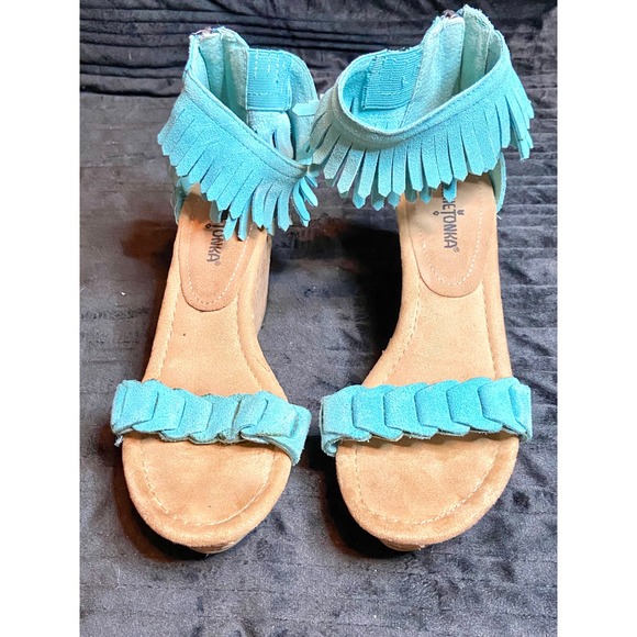 Minnetonka Shoes - Minnetonka Aqua Blue Suede Fringe Boho Cork Wedge Sandals 71305 Sz 7